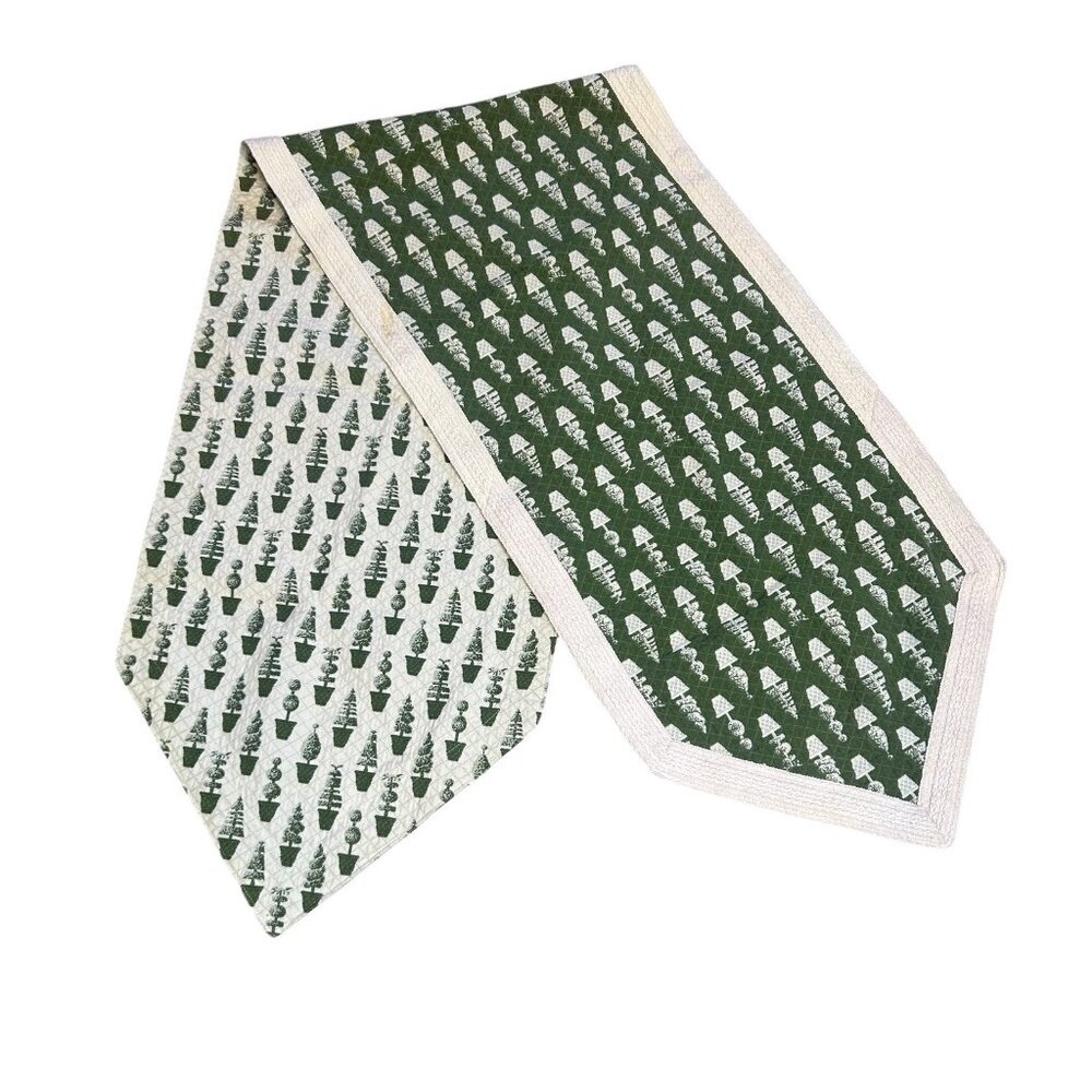 Reversible Table Runner Green Cream Topiary Tree Design 74 X 17